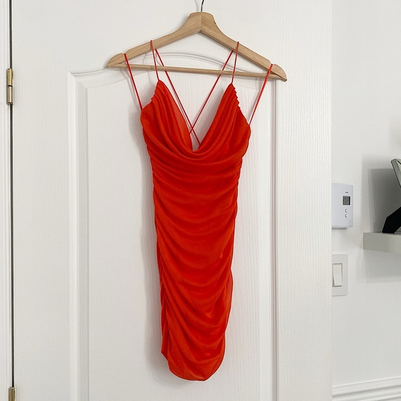 GARAGE | Morgan mesh ruched cami dress in mandarin red - Picture 5 of 10